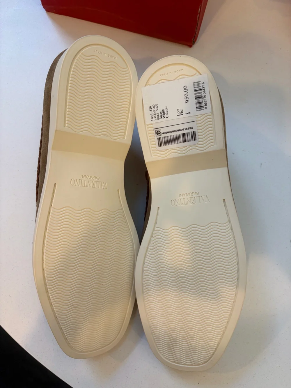 Valentino Suede Braided-Trim Boat Shoes in Tan and Brown
